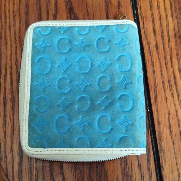 Celine Blue Signature Suede White Leather Wallet Zipper Change Pouch Snap - Picture 2 of 9